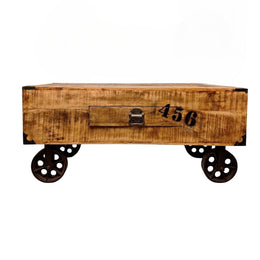 Industrial Style Wooden Coffee Table with Metal Wheels