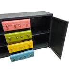 Industrial Matte Black Metal Credenza with Multi-Colored Trunk Drawers