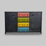 Industrial Matte Black Metal Credenza with Multi-Colored Trunk Drawers