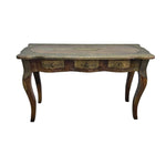 Vintage Brass-Inlay Wooden Console Table