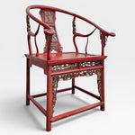Antique Red Lacquer Horseshoe Armchairs and Tea Table Set