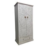 Hand-Carved Mandala Wooden Cabinet in Distressed White