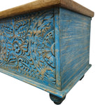 Indian Vintage Hand-Carved Blue Patina Wooden Storage Trunk