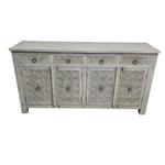 Handcrafted Distressed Grey Carved Floral Solid Wood Sideboard