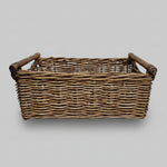 Natural Earth-Toned Woven Rattan Basket with Sturdy Wooden Handles
