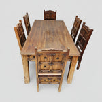 Medieval Style Teakwood Dining Table and Six Panel Back Chairs Set