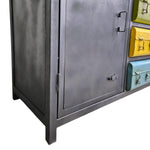 Industrial Matte Black Metal Credenza with Multi-Colored Trunk Drawers