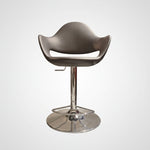 A black scoop bar stool with a polished chrome pedestal base.
