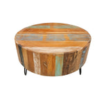 Rustic Reclaimed Timber Drum Coffee Table with Iron Hairpin Legs