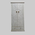 Hand-Carved Mandala Wooden Cabinet in Distressed White
