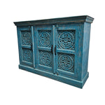 Detailed Mandala Carved Blue Distressed Wood Three Door Sideboard