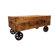 Industrial Style Wooden Coffee Table with Metal Wheels