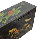 Vintage Oriental Black Lacquered Raised Relief Accent Cabinet