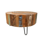 Rustic Reclaimed Timber Drum Coffee Table with Iron Hairpin Legs