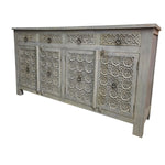 Handcrafted Distressed Grey Carved Floral Solid Wood Sideboard
