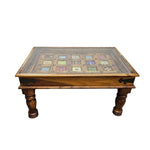 Grounded Indian Style Solid Timber Coffee Table with Inset Hand Painted Ceramic Tiles