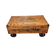 Industrial Style Wooden Coffee Table with Metal Wheels