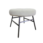 Minimalist Off White Fabric Round Footstool with Tapered Black Metal Legs