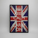 A framed poster with the Union Jack and the text 'KEEP CALM AND CARRY ON' printed in red and white on a blue background.