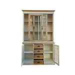 French Farmhouse Distressed White and Natural Timber Glass Display Dresser Cabinet
