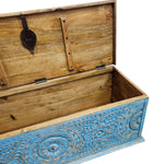 Indian Vintage Hand-Carved Blue Patina Wooden Storage Trunk