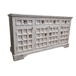 Hand-Carved Whitewashed Wooden Rustic Sideboard