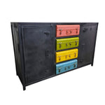 Industrial Matte Black Metal Credenza with Multi-Colored Trunk Drawers