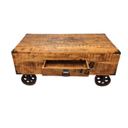 Industrial Style Wooden Coffee Table with Metal Wheels