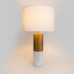 Contemporary Brushed Brass and White Marble Cylindrical Table Lamp