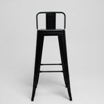 A black metal bar stool with a supportive backrest, presented against a plain background.