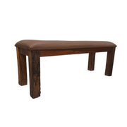 Rustic Leather-Top Rail Wood Bench