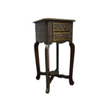 Vintage Style Brass Embossed Two Drawer Tall Side Table