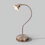 A brass swan-neck desk lamp with a curved silhouette, featuring a light fixture at the top, a curved neck, and a round base.