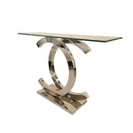 Sleek Chrome Interlocking C Base Glass Top Console Table