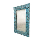 Artisanal Distressed Teal Hand Carved Solid Wood Wall Mirror