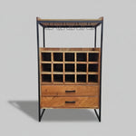Industrial Solid Timber and Iron Freestanding Bar Cabinet with Wine Rack