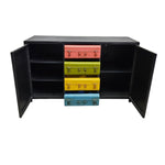 Industrial Matte Black Metal Credenza with Multi-Colored Trunk Drawers