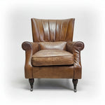 THE One Vintage-Style Fluted Brown Leather Armchair on Castors