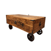 Industrial Style Wooden Coffee Table with Metal Wheels
