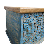 Indian Vintage Hand-Carved Blue Patina Wooden Storage Trunk