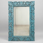 Artisanal Distressed Teal Hand Carved Solid Wood Wall Mirror