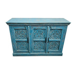 Detailed Mandala Carved Blue Distressed Wood Three Door Sideboard
