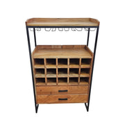 Industrial Solid Timber and Iron Freestanding Bar Cabinet with Wine Rack