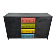 Industrial Matte Black Metal Credenza with Multi-Colored Trunk Drawers