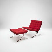 Mid-Century Red Fabric Barcelona Style Chair and Ottoman