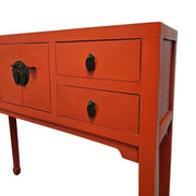 Vibrant Crimson Oriental Console Table with Classic Brass Hardware