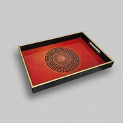 Chinoiserie Red and Black Lacquer Wooden Tray with Gilded Trim