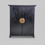 Traditional Black Chinese Wooden Bar Cabinet with Brass Medallion