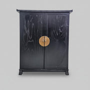 Traditional Black Chinese Wooden Bar Cabinet with Brass Medallion
