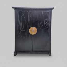 Traditional Black Chinese Wooden Bar Cabinet with Brass Medallion